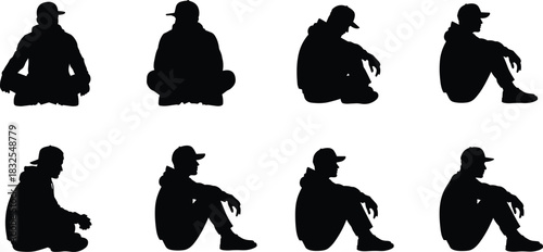 Man sitting cross-legged silhouettes set, black silhouette of young male figure wearing a hoodie and baseball cap, resting, waiting, or meditating for casual lifestyle vector illustration content.
