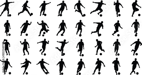Mega set of black silhouette soccer players in various dynamic action poses, including running, kicking, dribbling, and controlling the ball, isolated sport vector illustration on white.