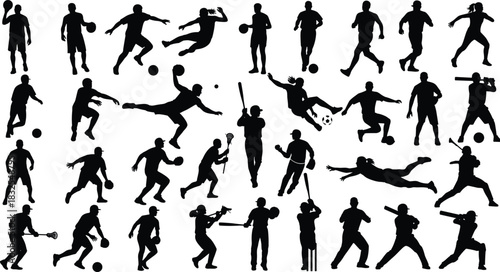 Mega set of black silhouette sports players, including baseball, soccer, basketball, lacrosse, and cricket athletes in various dynamic action poses, vector illustration on white background.