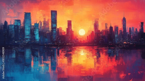 City painting with sunset for a futuristic art or retro wallpaper with evening vibes. Urban designs, neon colors, and orange hues for modern cityscape imagery, Generative AI