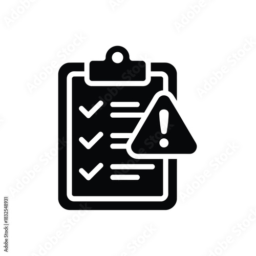 Clipboard with checklist and warning sign icon