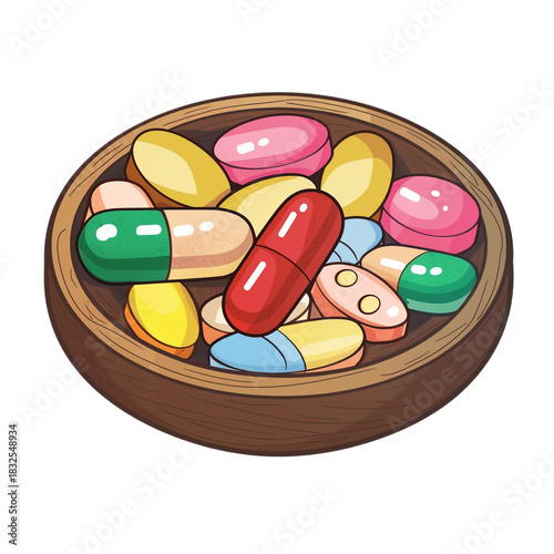 Vibrant variety of pharmaceutical pills and capsules contained in a bowl isolated on transparent background