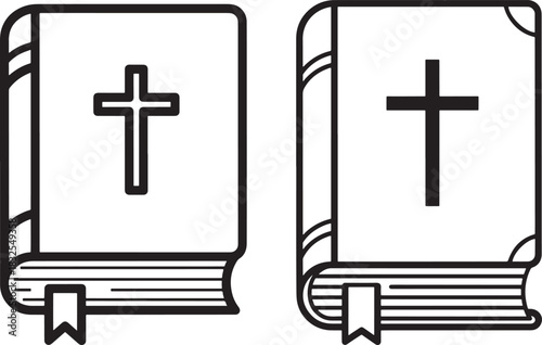 Two holy bible books with cross silhouette