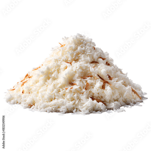 Heap of freshly grated coconut, isolated on a white background, ideal for culinary presentations.