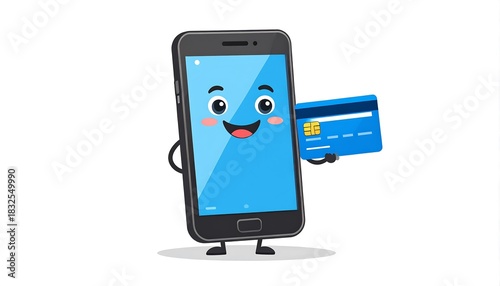 Wallpaper Mural A cartoon smartphone with a friendly face happily holds a credit card, set against a clean white background Torontodigital.ca