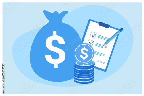 Financial planning and money budget management. Money bag, coins and note vecto illustration 