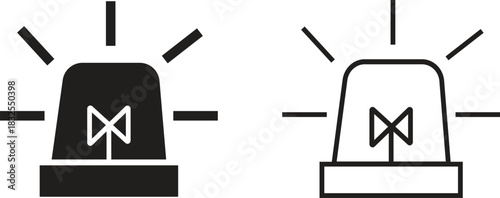 Emergency siren alarm icon set. Flashing warning light symbols in flat and outline styles, ideal for safety alerts, emergency notifications, security diagrams, professional and hazard response.