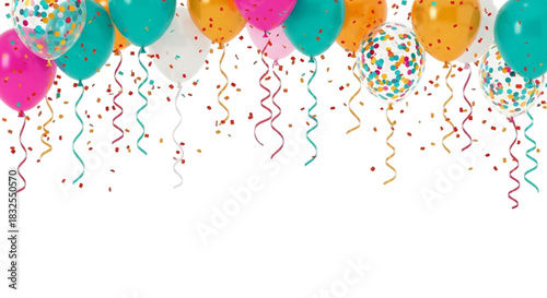 Colorful Balloons and Confetti on transparent Background. This simple, descriptive title uses core keywords. Celebration background with balloons and confetti on transparent Background. Design element
