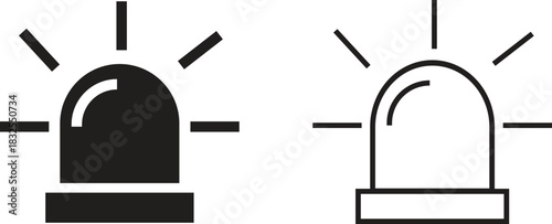 Emergency siren alarm icon set. Flashing warning light symbols in flat and outline styles, ideal for safety alerts, emergency notifications, security diagrams, professional and hazard response.