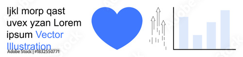 Business analytics, growth trends, online marketing, data interpretation, infographics, customer loyalty. Blue heart, arrows and bar chart. Business analytics and growth trends concept