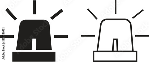 Emergency siren alarm icon set. Flashing warning light symbols in flat and outline styles, ideal for safety alerts, emergency notifications, security diagrams, professional and hazard response.