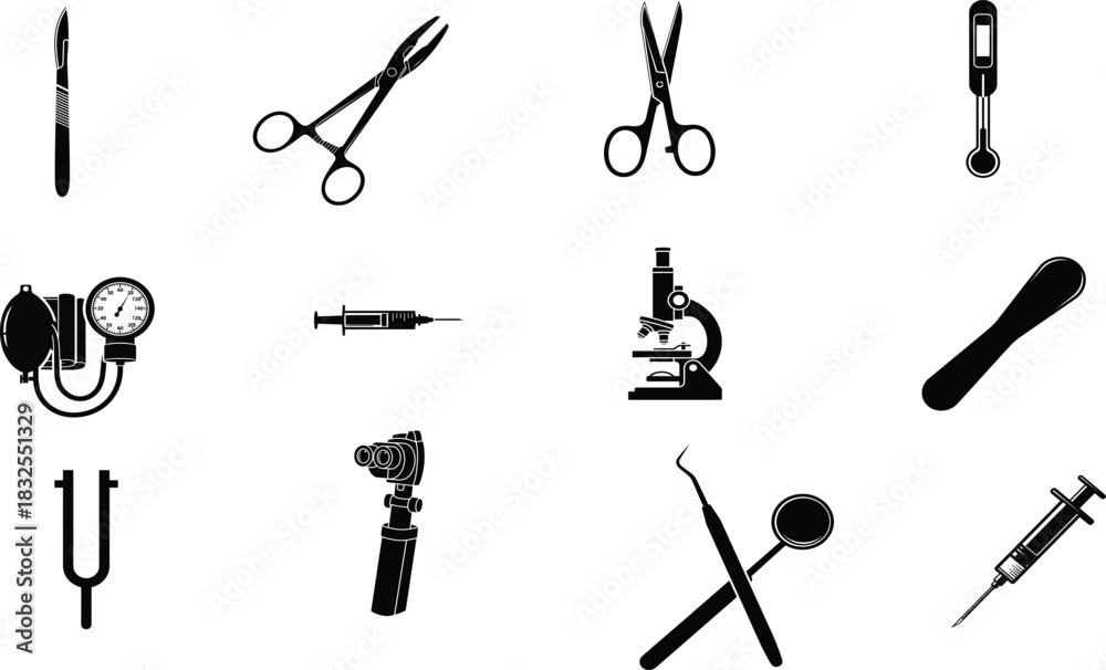 Obraz premium Medical equipment and surgical instruments black and white silhouette collection