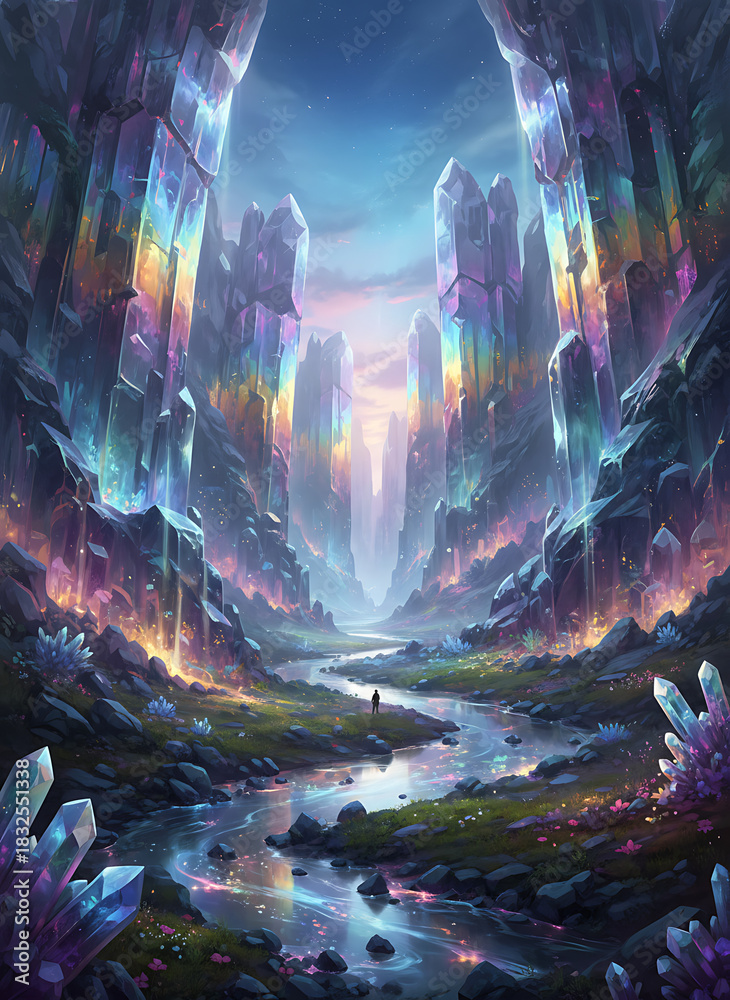 Fototapeta premium Magical valley of crystals with flowing river, inspiring fantasy landscape art