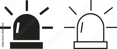 Emergency siren alarm icon set. Flashing warning light symbols in flat and outline styles, ideal for safety alerts, emergency notifications, security diagrams, professional and hazard response.