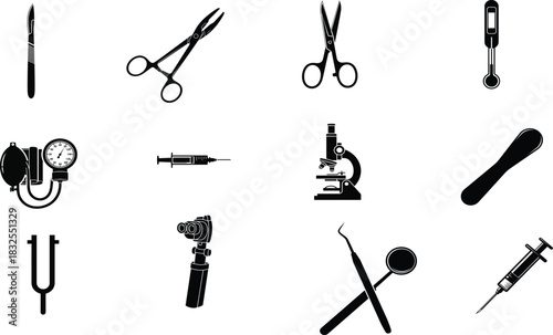 Medical equipment and surgical instruments black and white silhouette collection