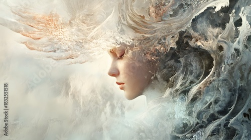 A woman's profile is surrounded by swirling, abstract white and gray shapes, suggestive of clouds or smoke.