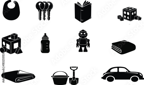 Black and white baby and toddler items icon set illustration