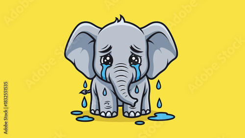 Adorable grey cartoon baby elephant illustration crying with big tears.