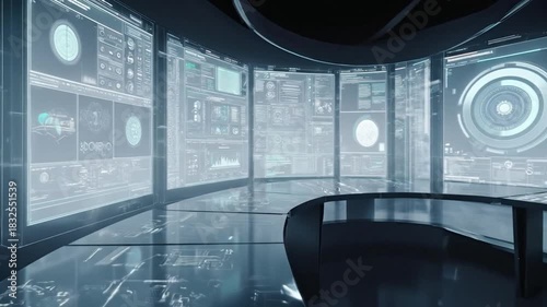 Interior view of a futuristic control room with curved table and large display screens - Footage