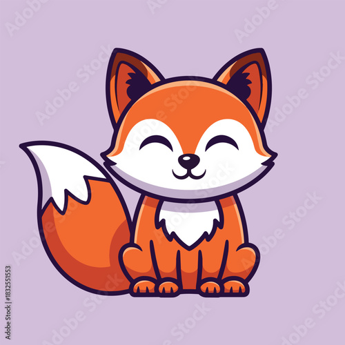 Adorable orange and white cartoon fox illustration sitting with a happy smiling face and bushy whitetipped tail.