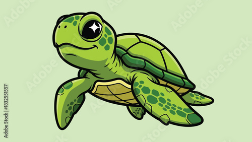 Adorable green baby sea turtle cartoon illustration with big shiny eyes.