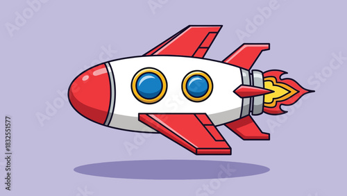 Cartoon rocket flying with red fins and fiery engine.