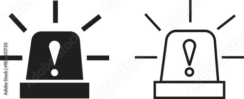 Emergency siren alarm icon set. Flashing warning light symbols in flat and outline styles, ideal for safety alerts, emergency notifications, security diagrams, professional and hazard response.