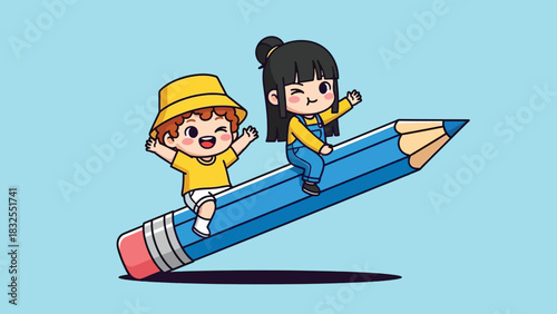 Cute cartoon children riding a flying blue pencil symbolizing education and creativity.