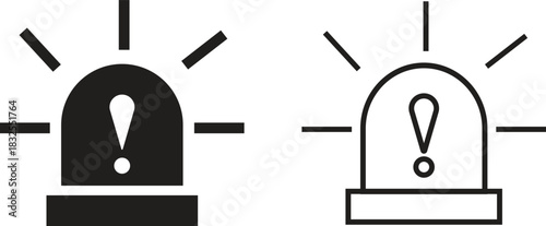 Emergency siren alarm icon set. Flashing warning light symbols in flat and outline styles, ideal for safety alerts, emergency notifications, security diagrams, professional and hazard response.