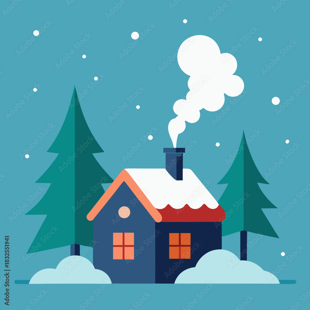 Fototapeta premium Cozy winter cabin with snow falling and smoke from chimney
