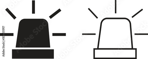 Emergency siren alarm icon set. Flashing warning light symbols in flat and outline styles, ideal for safety alerts, emergency notifications, security diagrams, professional and hazard response.