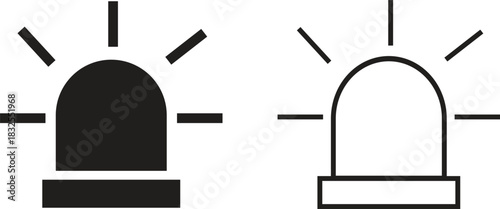 Emergency siren alarm icon set. Flashing warning light symbols in flat and outline styles, ideal for safety alerts, emergency notifications, security diagrams, professional and hazard response.