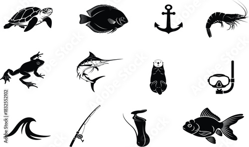 Collection of black and white aquatic animal and nautical icons