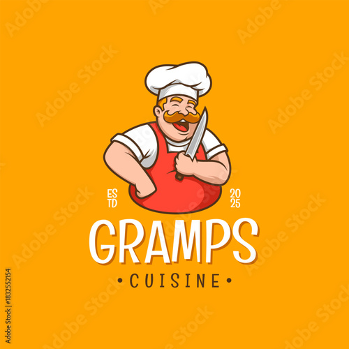 Cheerful Chef Mascot Holding Knife Vector Logo