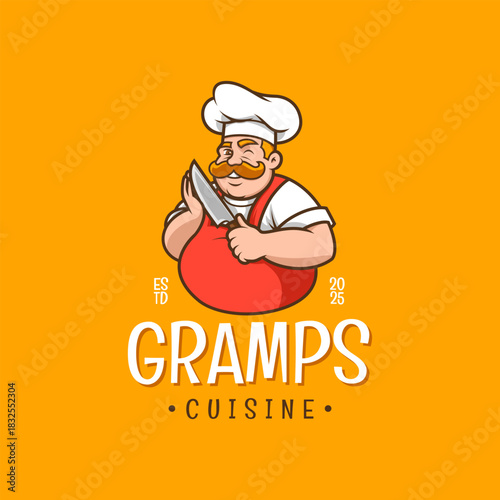 Happy Grandpa Chef Logo with Mustache and Apron