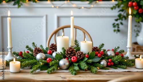 Festive Holiday Table Setting with Candles and Greenery