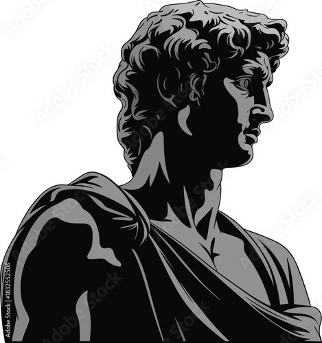 Stylized David bust silhouette, curly hair male statue, classical sculpture vector art, cad drawing flat vector illustration