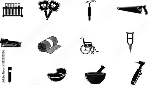 Medical equipment and supplies in black and white distressed style illustration