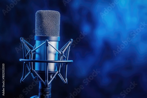 A vibrant blue and black microphone stands against a backdrop of a deep blue gradient, capturing the essence of a recording studio.