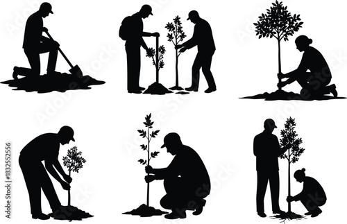 Tree planting silhouettes of people gardening and nurturing young plants, environmental conservation teamwork illustration for eco friendly nature concept design