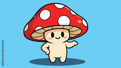 Cute Cartoon Mushroom Character with Red Spotted Cap Waving.