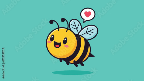 Cute happy cartoon bee flying with a heart speech bubble.
