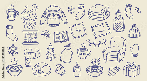 Hand drawn doodle collection of cozy winter essentials depicting warmth and comfort with hot beverages fireplace comfy clothing and snug home items for a festive season