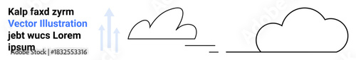 Data storage, weather, technology, growth, communication, cloud computing. Two simplistic cloud shapes with arrows signifying upward movement. Cloud computing and data storage concept