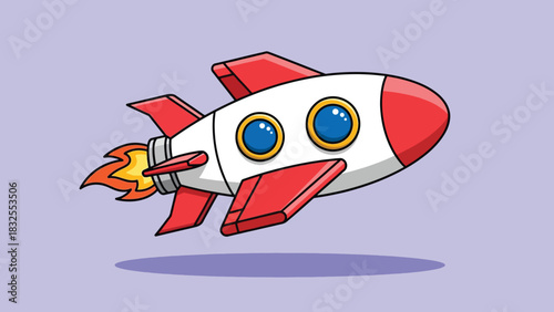 Flying cartoon space rocket with red fins blue windows and fiery exhaust.