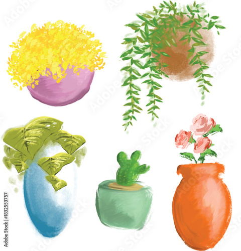 Watercolor Potted Plant Illustration Set for Home Decor Design