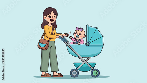 Happy mother pushing baby in blue stroller cartoon illustration.