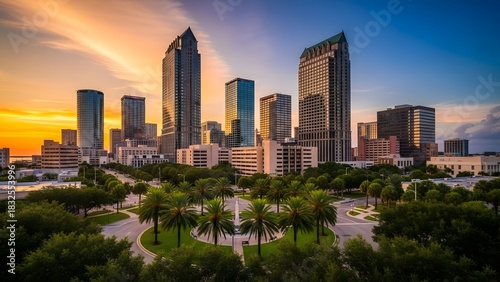 Downtown tampa florida skyline at sunset with dramatic colors and lush greenery