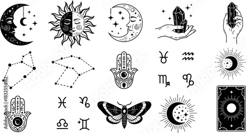Boho Mystic Celestial Astrology Vector Elements Set
