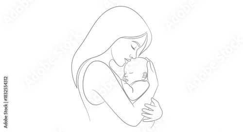 Delicate line art illustration of a mother tenderly holding her newborn baby embodying love and